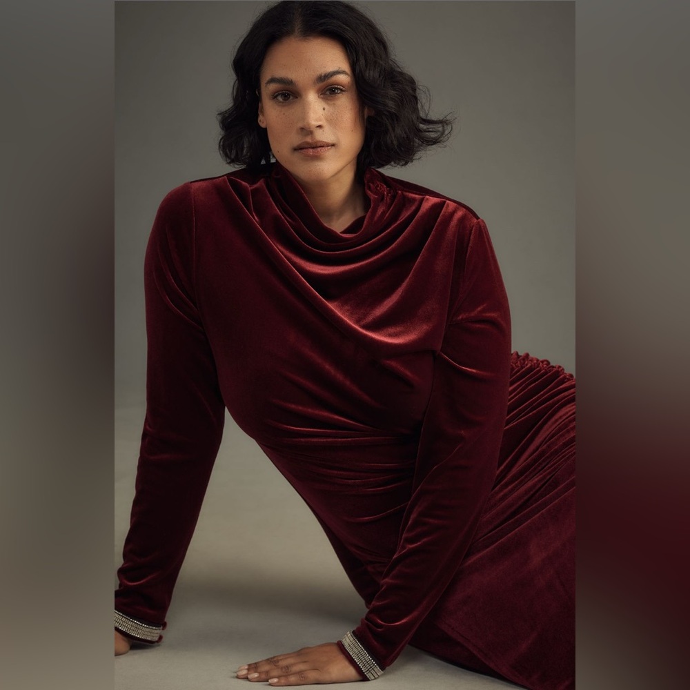 ✨ Anthropologie Maya Ruched Cowl-Neck Dress: Velvet Long-Sleeve Edition Sz 2X - Picture 3 of 10